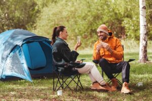 eating sandwiches at campsite