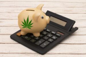 Piggy bank with weed leaf emblem on top of a calculator to represent an edibles ratio calculator.