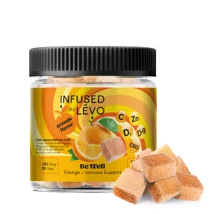 Infused by LEVO Be Well orange flavored gummies.